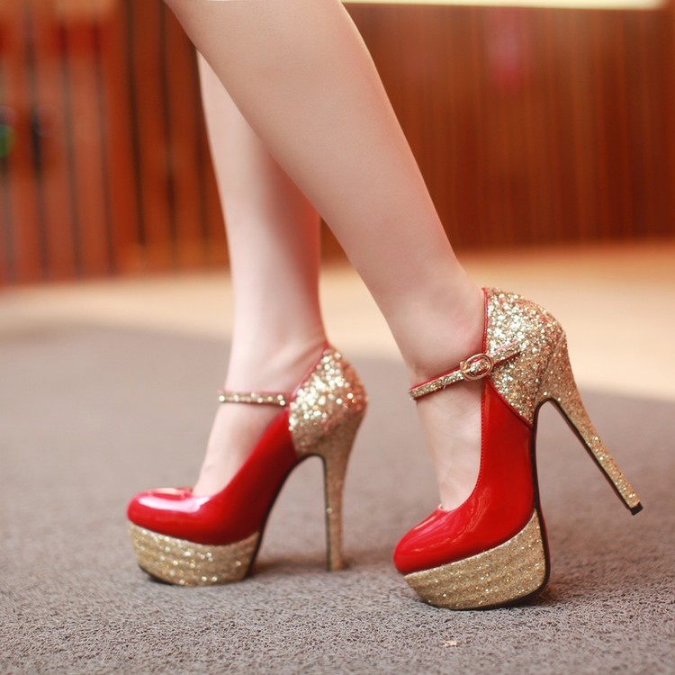 Sexy T-Strap High Heel Pumps with Sequin and Belt Detail - Image 4