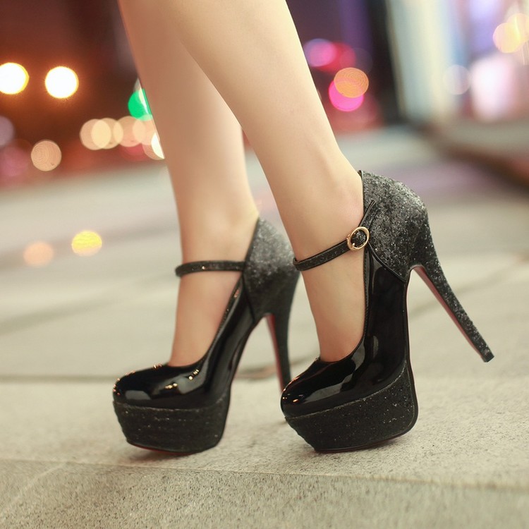 Sexy T-Strap High Heel Pumps with Sequin and Belt Detail - Image 3