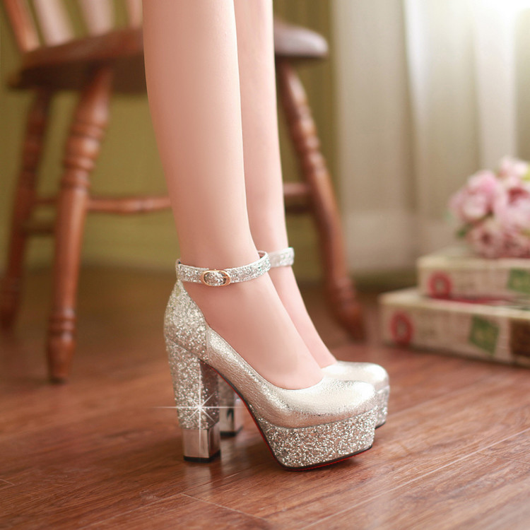 Women's Fashion Single Shoes with Chunky Heel and Sequins - Image 5