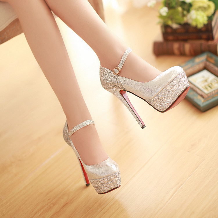 Women's Mary Jane High Heel Pumps with Sequin and Metal Details - Image 2