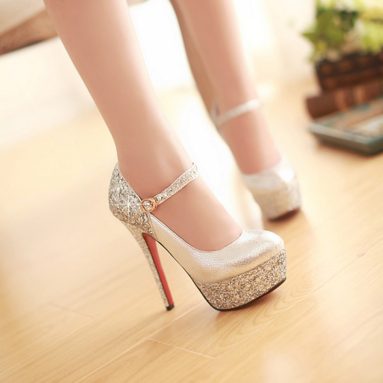 Women's Mary Jane High Heel Pumps with Sequin and Metal Details - Image 4