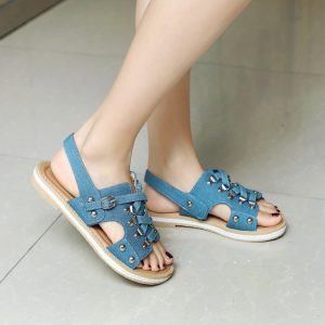 Denim Flat Sandals with Metal Studs and Buckle Strap