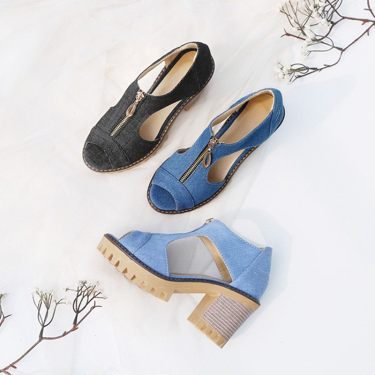Women's Low-Top Denim Sandals with Chunky Heel and Zipper - Image 5