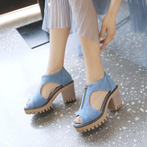 Women's Low-Top Denim Sandals with Chunky Heel and Zipper