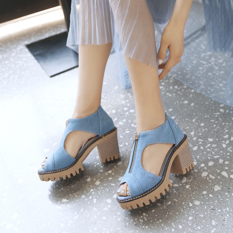 Women's Low-Top Denim Sandals with Chunky Heel and Zipper