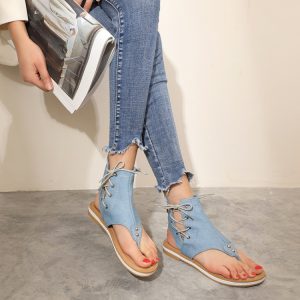 Women's Low Chunky Heel Platform Sandals with Lace-Up Toe Post