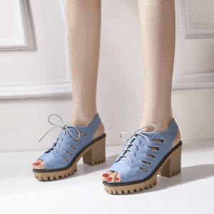 Women's Low Heel Denim Sandals with Ankle Strap