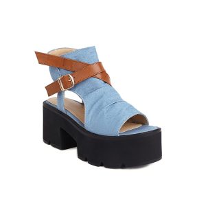 Women's Denim Sandals Boots with Color Block and Belt Decoration