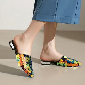 Sequin Low Chunky Heel Slide Sandals Summer 2024 Korean Style