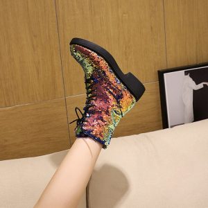 Fashion Sequin Ankle Boots with Chunky Mid Heel and Side Zipper