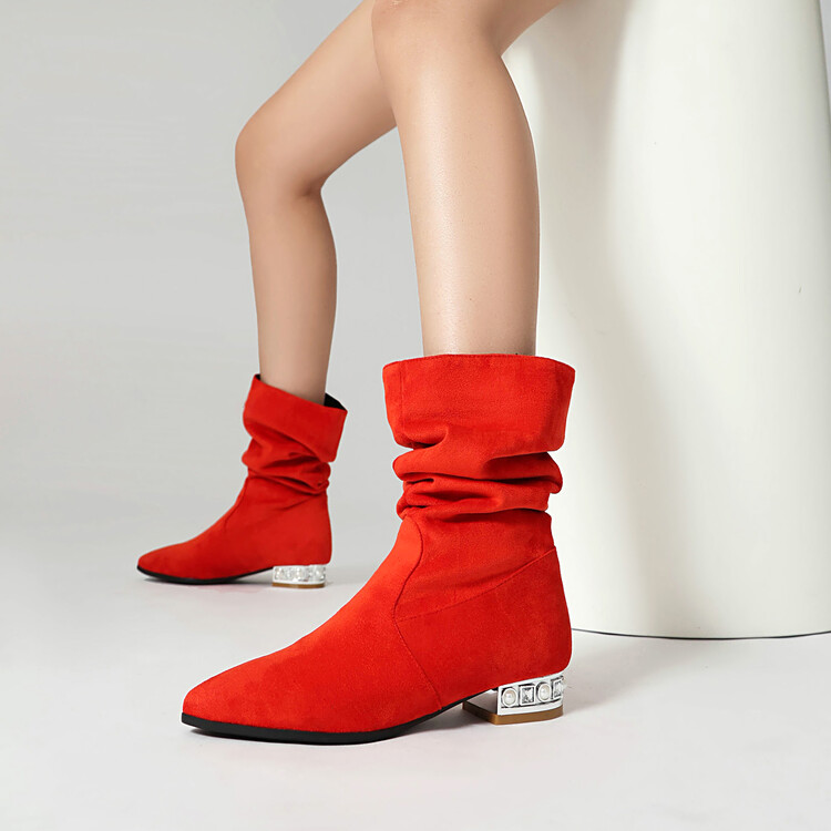 Fashion Ankle Boots with Rhinestone Metal Decoration Low Chunky Heel Pointed Toe Back Zip - Image 2