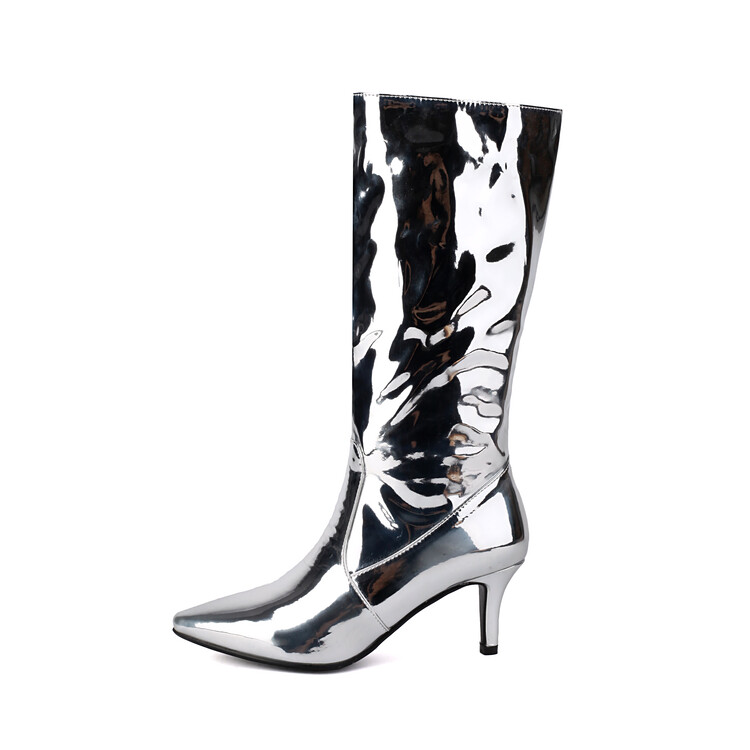 Women's Fashion Mid-Calf Boots with Rhinestone Metal Decor High Chunky Heel Pointed Toe Back Zip - Image 5