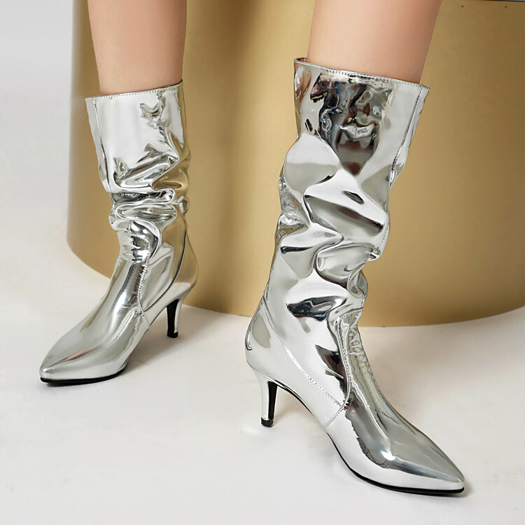 Women's Fashion Mid-Calf Boots with Rhinestone Metal Decor High Chunky Heel Pointed Toe Back Zip - Image 4