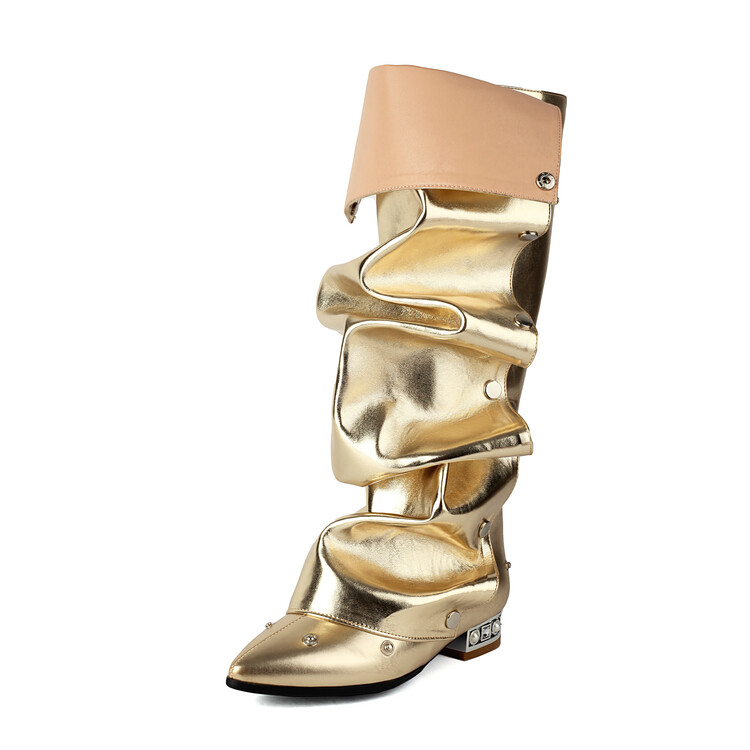 Fashion High Shaft Pointed Toe Low Heel Boots with Rhinestone Metal Decoration - Image 5