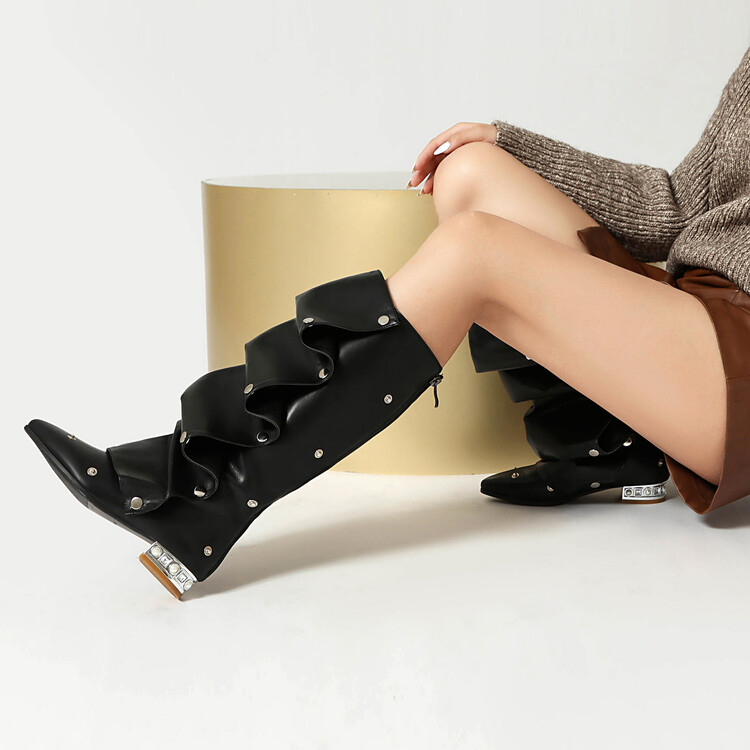Fashion High Shaft Pointed Toe Low Heel Boots with Rhinestone Metal Decoration - Image 3