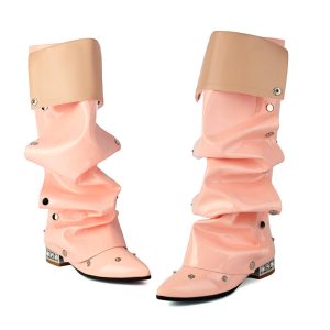 Fashion High Shaft Pointed Toe Low Chunky Heel Boots with Rhinestone Metal Decoration - Style o.html
