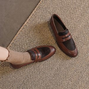 Women's Leather Loafers Dark Brown Black Low Heel Round Toe