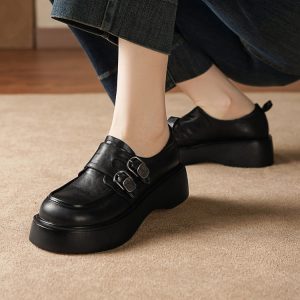 Women's Leather Loafers with Metal Buckle - Dark Brown or Black