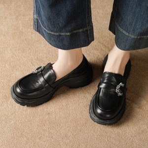 Women's Rhinestone Metal Buckle Loafers - Black Leather Slip-On Shoes