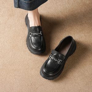 Women's Black Leather Loafers with Metal Buckle and Platform Mid Heel - Style i.html