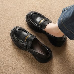 Women's Black Leather Loafers with Metal Buckle and Platform Mid Heel - Style q.html
