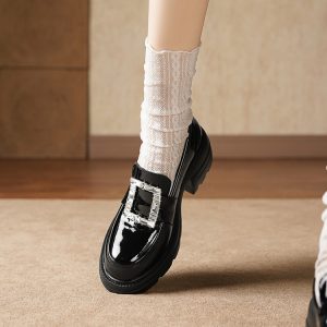 Women's Leather Loafers with Metal Buckle and Platform Sole - Style q.html